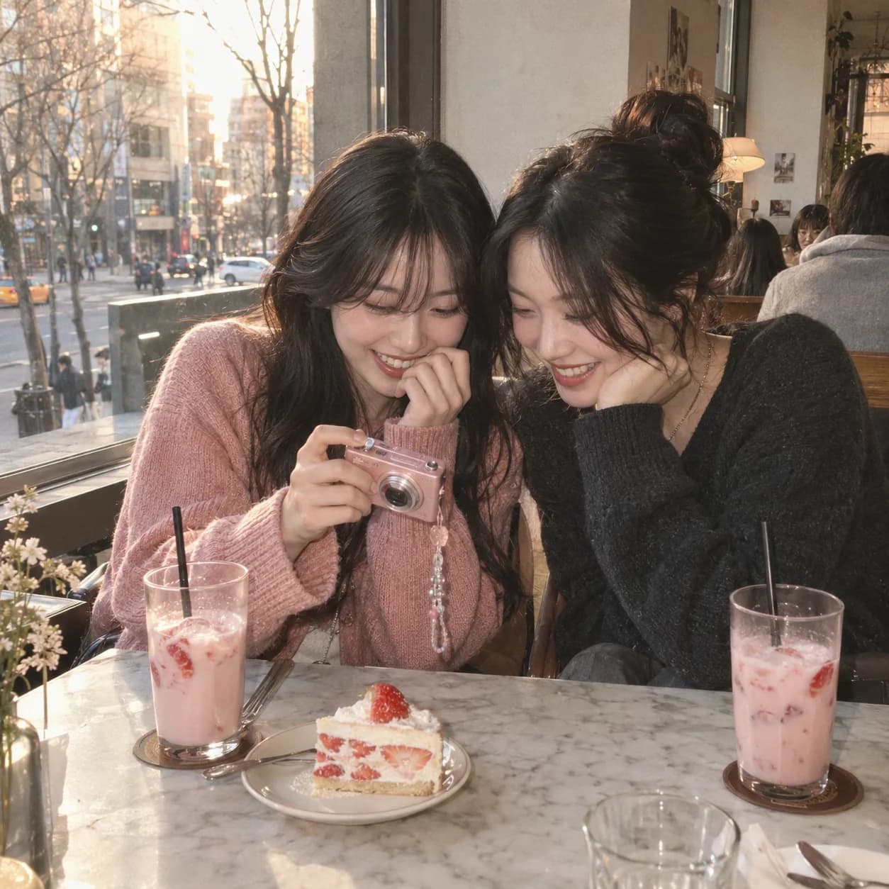 카페에서 카메라 속 사진을 함께 보는 친구들