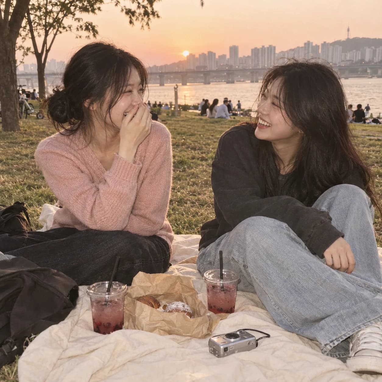한강 노을 아래 피크닉을 즐기는 친구들
