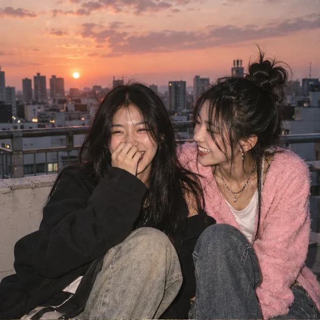 도시의 옥상에서 웃는 친구들